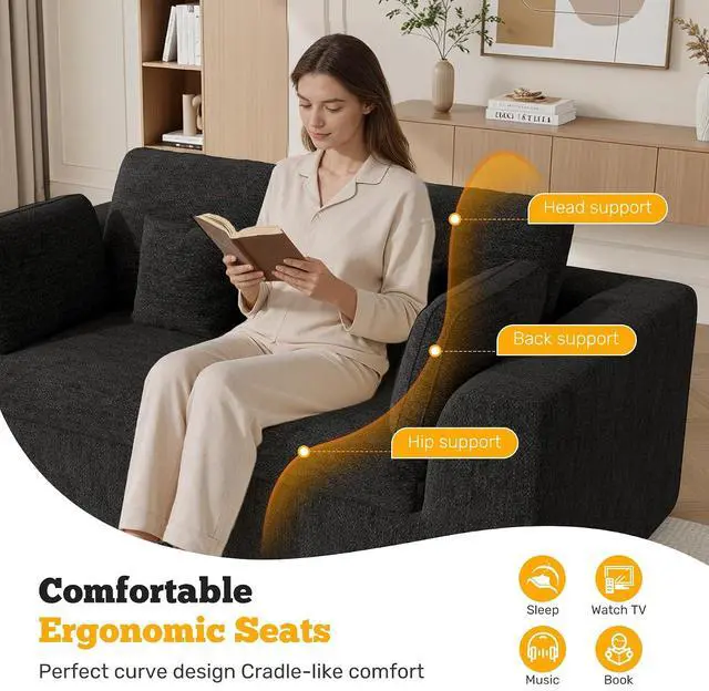 Alt view image 5 of 7 - 85'' Loveseat Sofa, Cloud Boneless Couches for Living Room, 2 Seater Modular Sectional Sofa,Oversized,Black Chenille