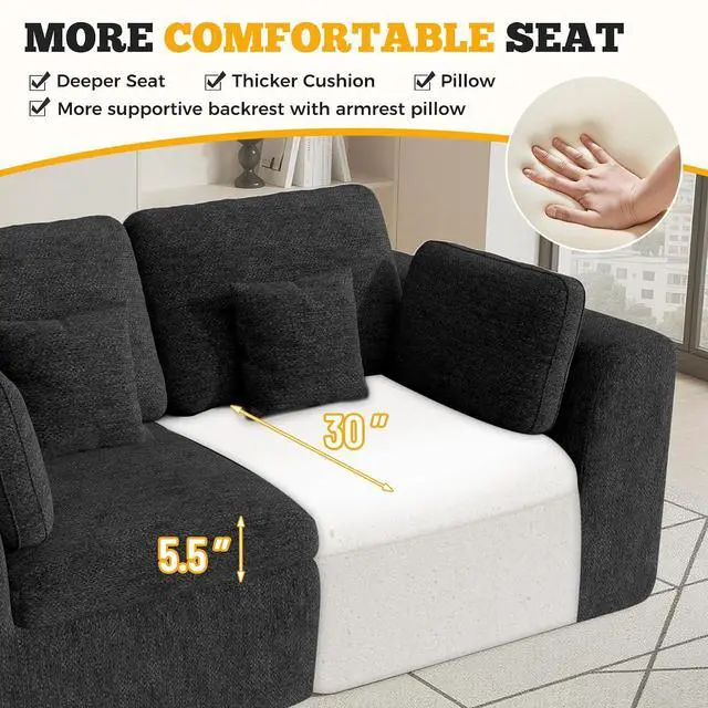 Alt view image 6 of 7 - 85'' Loveseat Sofa, Cloud Boneless Couches for Living Room, 2 Seater Modular Sectional Sofa,Oversized,Black Chenille