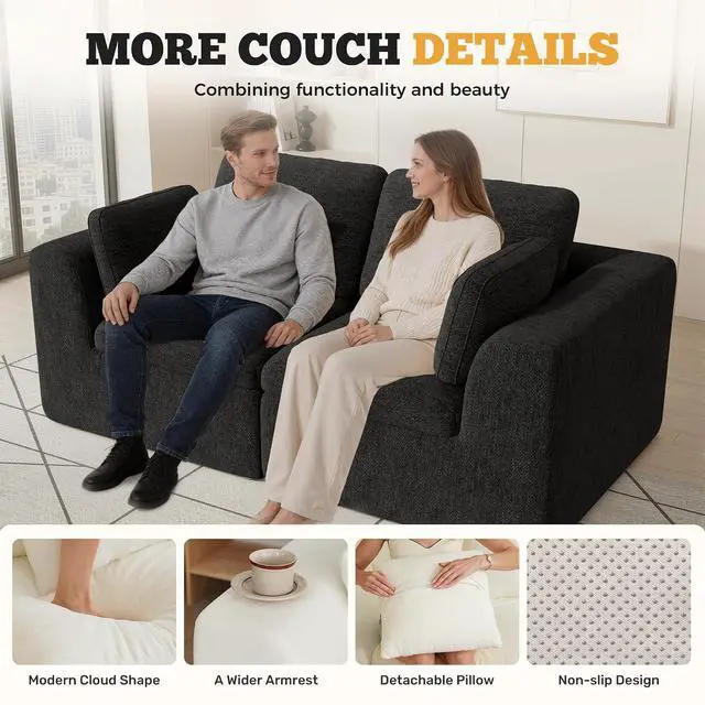 Alt view image 4 of 7 - 85'' Loveseat Sofa, Cloud Boneless Couches for Living Room, 2 Seater Modular Sectional Sofa,Oversized,Black Chenille