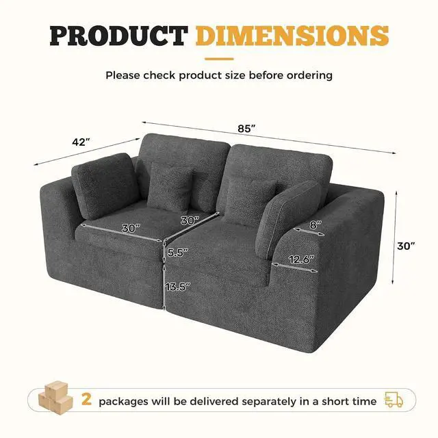 Alt view image 2 of 7 - 85'' Loveseat Sofa, Cloud Boneless Couches for Living Room, 2 Seater Modular Sectional Sofa,Oversized,DarkGary Chenille