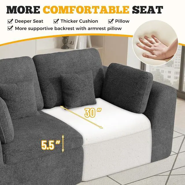 Alt view image 6 of 7 - 85'' Loveseat Sofa, Cloud Boneless Couches for Living Room, 2 Seater Modular Sectional Sofa,Oversized,DarkGary Chenille