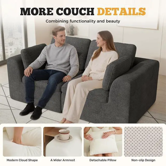 Alt view image 4 of 7 - 85'' Loveseat Sofa, Cloud Boneless Couches for Living Room, 2 Seater Modular Sectional Sofa,Oversized,DarkGary Chenille