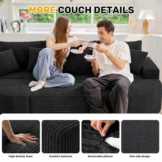 Alt view image 4 of 7 - 120" Oversized Round Sofa Bed, Modular Sectional Cloud Couches for Living Room, Convertible Corduroy Boneless Couch Sleeper Sofa Set, No Assembly Required, Black 1 PCS