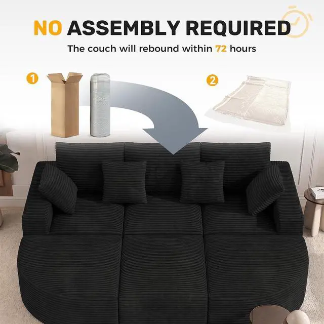 Alt view image 7 of 7 - 120" Oversized Round Sofa Bed, Modular Sectional Cloud Couches for Living Room, Convertible Corduroy Boneless Couch Sleeper Sofa Set, No Assembly Required, Black 1 PCS