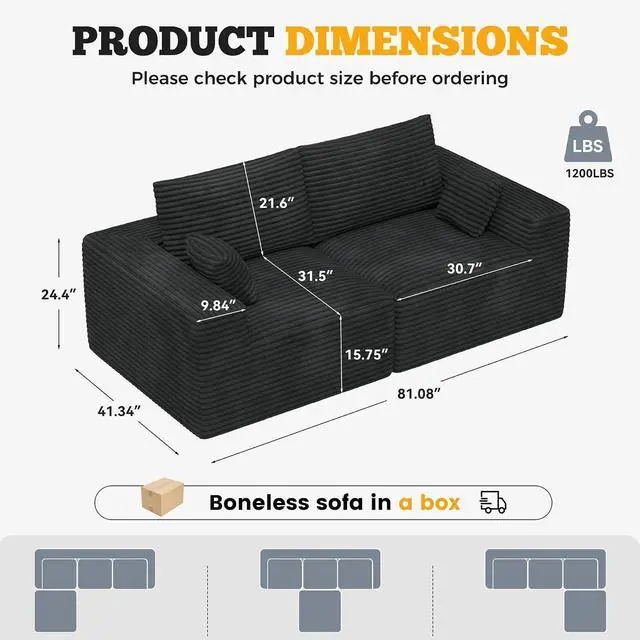 Alt view image 2 of 7 - 81" Cloud Loveseat Sofa in a Box, No Assembly Required Comfy Deep Seat Boneless Couch, Modern Small Couches for Living Room, Bedroom, Apartment, Black 1 PCS