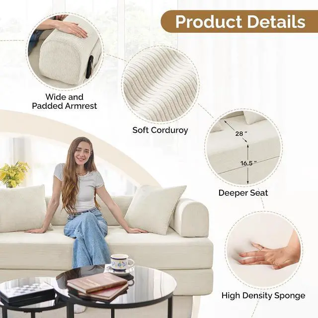Alt view image 3 of 7 - Convertible Corduroy Sleeper Sofa Bed with Cylindrical Pillows,Convertible Mattress Sofa with Fixed Shape Frame, Living Room Bedroom Lounge Studio Use Floor Sofa Lounge,Beige