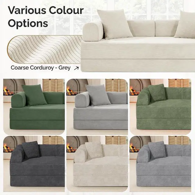 Alt view image 5 of 7 - Convertible Corduroy Sleeper Sofa Bed with Cylindrical Pillows,Convertible Mattress Sofa with Fixed Shape Frame, Living Room Bedroom Lounge Studio Use Floor Sofa Lounge,Beige
