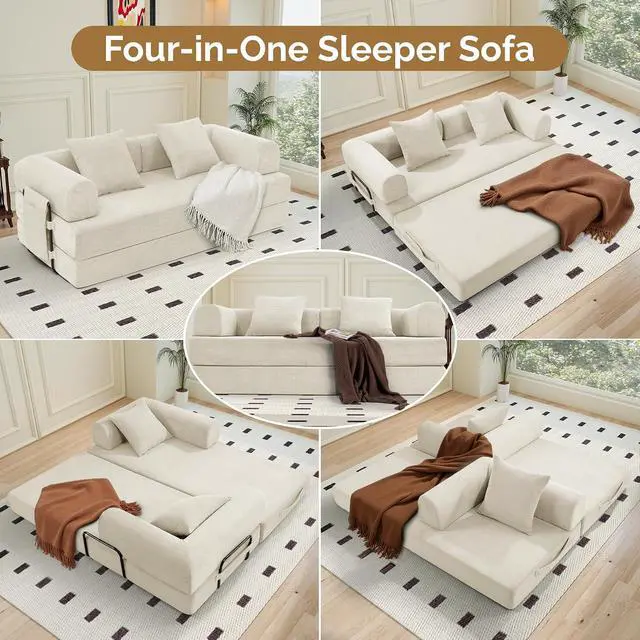 Alt view image 4 of 7 - Convertible Corduroy Sleeper Sofa Bed with Cylindrical Pillows,Convertible Mattress Sofa with Fixed Shape Frame, Living Room Bedroom Lounge Studio Use Floor Sofa Lounge,Beige