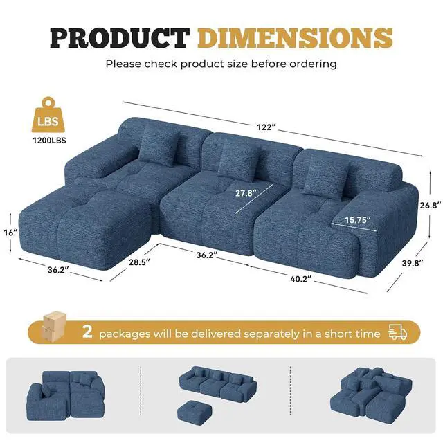 Alt view image 2 of 7 - 122" Modern L Shaped Modular Sectional Sofa, Boneless Couches for Living Room with Ottoman,4 Seater Convertible Chenille Cloud Couch Sofa Set, No Assembly Required, Blue 1 PCS