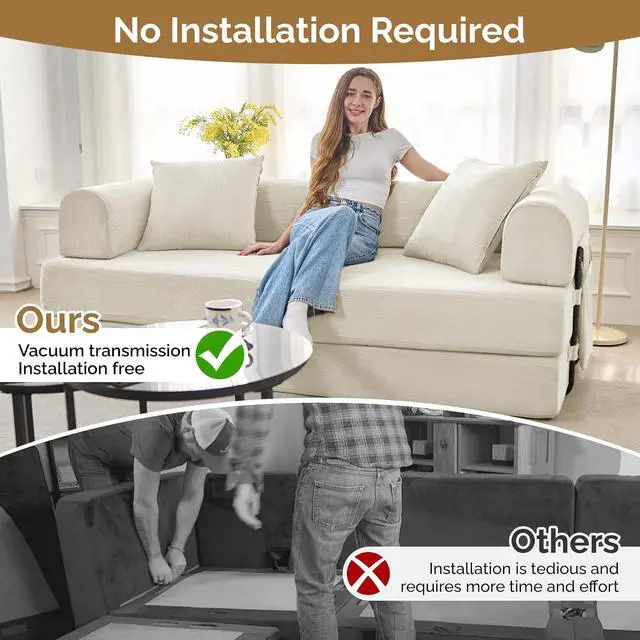Alt view image 6 of 7 - Convertible Corduroy Sleeper Sofa Bed with Cylindrical Pillows,Convertible Mattress Sofa with Fixed Shape Frame, Living Room Bedroom Lounge Studio Use Floor Sofa Lounge,Beige