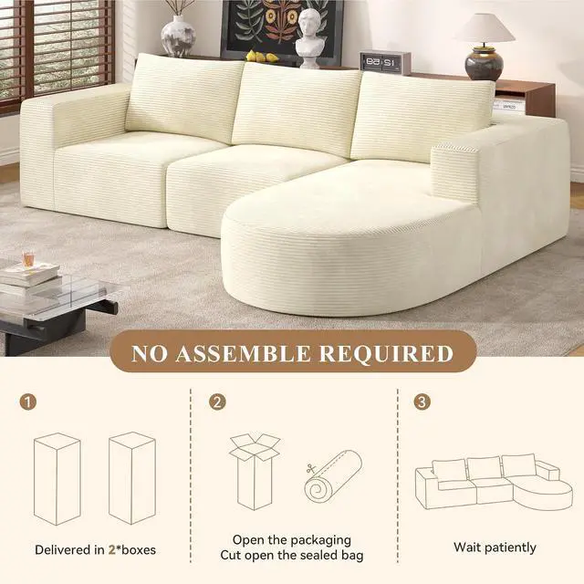 Alt view image 6 of 6 - L-Shaped Boneless Couch,104" Couches for Living Room with Curved Chaise,Modular Sectional Sofa with Deep Seat,Modern Cozy Cloud Compression Sofas,No Assembly Required(Beige) 1PCS