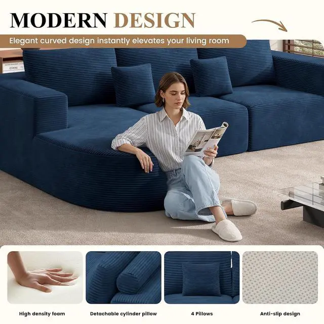 Alt view image 4 of 7 - Modular Sectional Sofa Bed,Convertible Cloud Couches for Living Room,2 Chaise Corduroy Boneless Couch Sleeper Sofa Set,Oversized Chaise Lounge Chair for Bedroom,No Assembly Required,Blue 1PCS