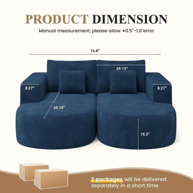 Alt view image 2 of 7 - Modular Sectional Sofa Bed,Convertible Cloud Couches for Living Room,2 Chaise Corduroy Boneless Couch Sleeper Sofa Set,Oversized Chaise Lounge Chair for Bedroom,No Assembly Required,Blue 1PCS