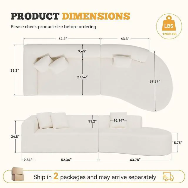 Alt view image 2 of 7 - 126" Modular Sectional Sofa, Modern Cloud Curved Couch with Deep Seat, Upholstered Oversized Couches for Living Room, No Assembly Required, Beige Chenille Fabric, 1PCS