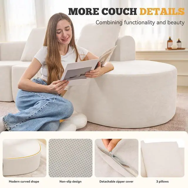 Alt view image 6 of 7 - 126" Modular Sectional Sofa, Modern Cloud Curved Couch with Deep Seat, Upholstered Oversized Couches for Living Room, No Assembly Required, Beige Chenille Fabric, 1PCS
