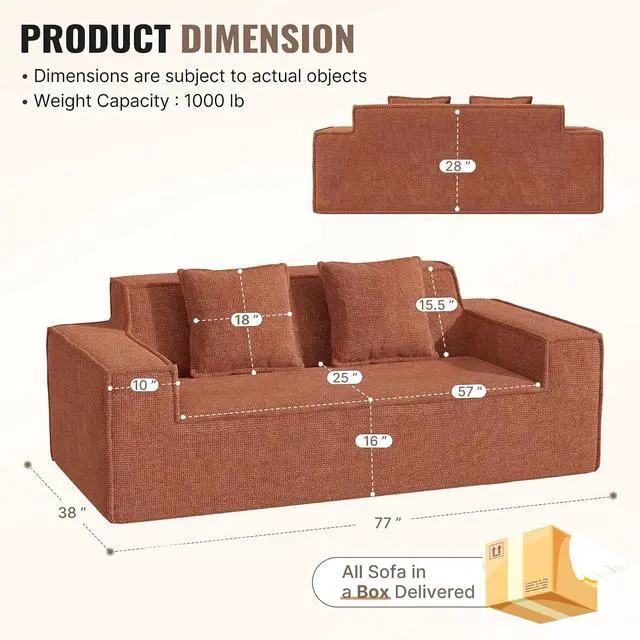 Alt view image 2 of 7 - 77in Modern Small Cloud Loveseat Sofa, No Assembly Required Boneless Love Seat Couches Includes 2 pcs Pillows for Living Room, Bedroom, Apartment-Brown