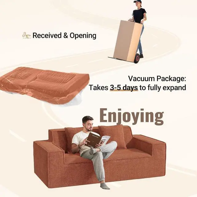 Alt view image 3 of 7 - 77in Modern Small Cloud Loveseat Sofa, No Assembly Required Boneless Love Seat Couches Includes 2 pcs Pillows for Living Room, Bedroom, Apartment-Brown