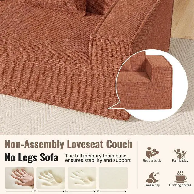 Alt view image 5 of 7 - 77in Modern Small Cloud Loveseat Sofa, No Assembly Required Boneless Love Seat Couches Includes 2 pcs Pillows for Living Room, Bedroom, Apartment-Brown