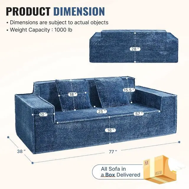 Alt view image 2 of 7 - 77'' Modern Cloud Loveseat Sofa in Chenille, Deep Seat Boneless Couches Includes 2 pcs Pillows for Living Room, Bedroom, Apartment(Blue)