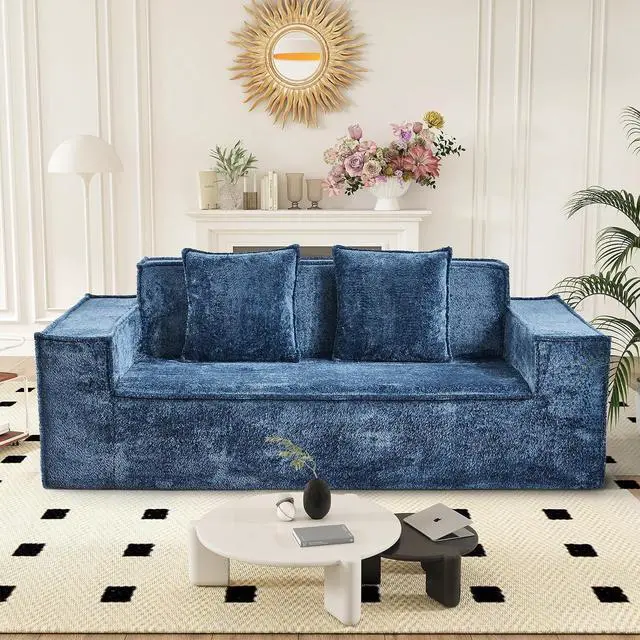 Main image of 77'' Chenille Upholstered Modern Cloud Loveseat Sofa, No Assembly Required Deep Seat Couches Includes 2 pcs Pillows for Living Room, Bedroom, Apartment(Blue)