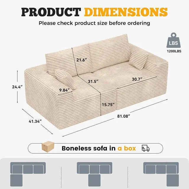 Alt view image 2 of 7 - 81" Cloud Loveseat Sofa in a Box, No Assembly Required Comfy Deep Seat Boneless Couch, Modern Small Couches for Living Room, Bedroom, Apartment, Khaki 1 PCS