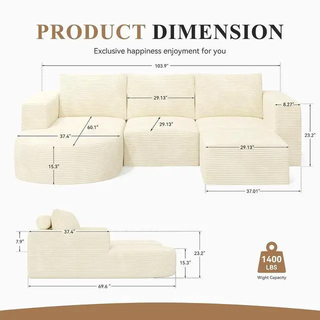 Alt view image 2 of 7 - Boneless Couches for Living Room with Chaise,104" Modular Sectional Sofa with Convertible Ottoman,Cozy Cloud Couch with U-Shaped,Sponge Compression Sofas in a Box,No Assembly Required(Beige) 1pcs
