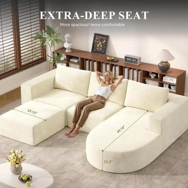 Alt view image 3 of 7 - Boneless Couches for Living Room with Chaise,104" Modular Sectional Sofa with Convertible Ottoman,Cozy Cloud Couch with U-Shaped,Sponge Compression Sofas in a Box,No Assembly Required(Beige) 1pcs