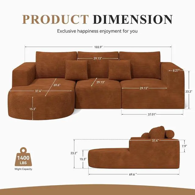 Alt view image 2 of 7 - L-Shaped Boneless Couch,104" Couches for Living Room with Curved Chaise,Modular Sectional Sofa with Deep Seat,Modern Cozy Cloud Compression Sofas,No Assembly Required(Brown) 1PCS
