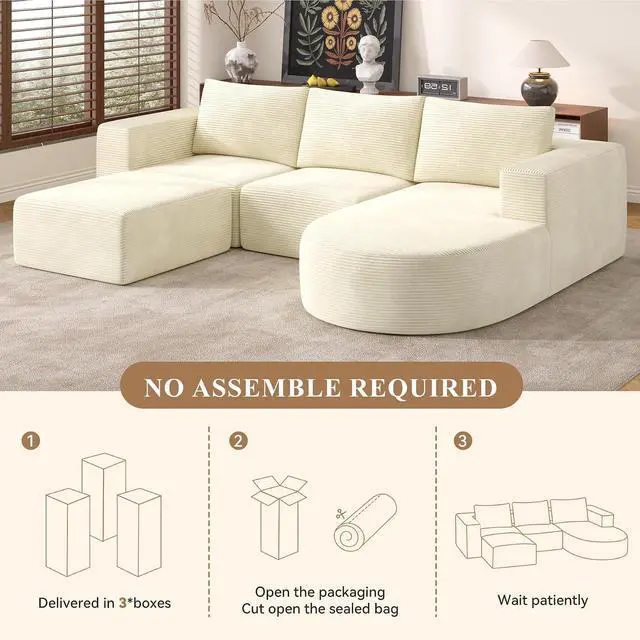Alt view image 5 of 7 - Boneless Couches for Living Room with Chaise,104" Modular Sectional Sofa with Convertible Ottoman,Cozy Cloud Couch with U-Shaped,Sponge Compression Sofas in a Box,No Assembly Required(Beige) 1pcs