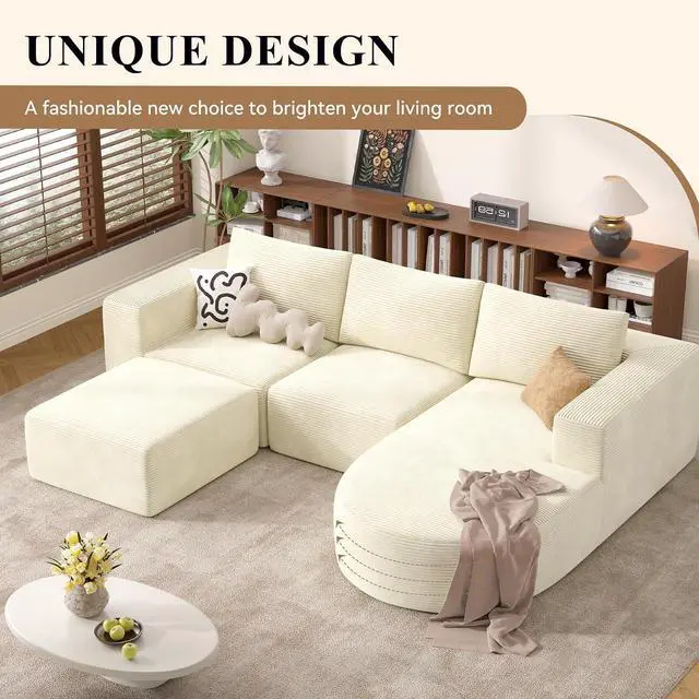 Alt view image 7 of 7 - Boneless Couches for Living Room with Chaise,104" Modular Sectional Sofa with Convertible Ottoman,Cozy Cloud Couch with U-Shaped,Sponge Compression Sofas in a Box,No Assembly Required(Beige) 1pcs