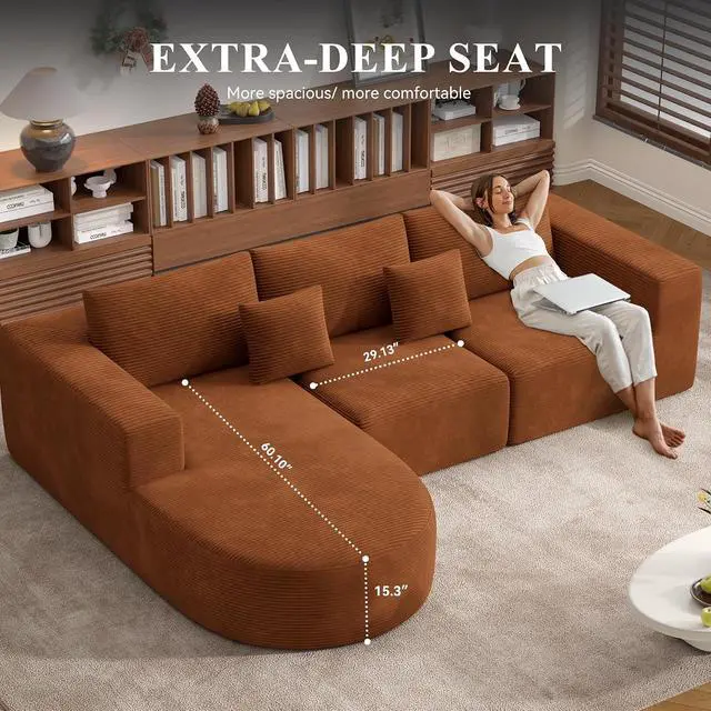 Alt view image 3 of 7 - L-Shaped Boneless Couch,104" Couches for Living Room with Curved Chaise,Modular Sectional Sofa with Deep Seat,Modern Cozy Cloud Compression Sofas,No Assembly Required(Brown) 1PCS