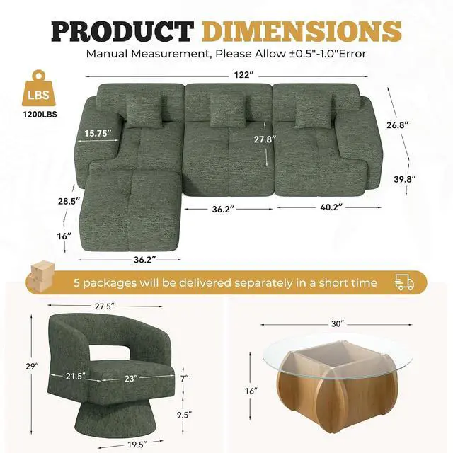 Alt view image 2 of 7 - Living Room Furniture Sets, L-Shaped Boneless Cloud Couch with 2 PCS Swivel Accent Chairs & Coffee Table, Modern Modular Sectional Sofa Set, Green