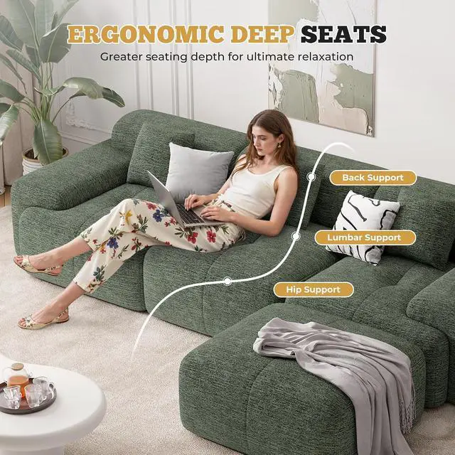 Alt view image 3 of 7 - Living Room Furniture Sets, L-Shaped Boneless Cloud Couch with 2 PCS Swivel Accent Chairs & Coffee Table, Modern Modular Sectional Sofa Set, Green