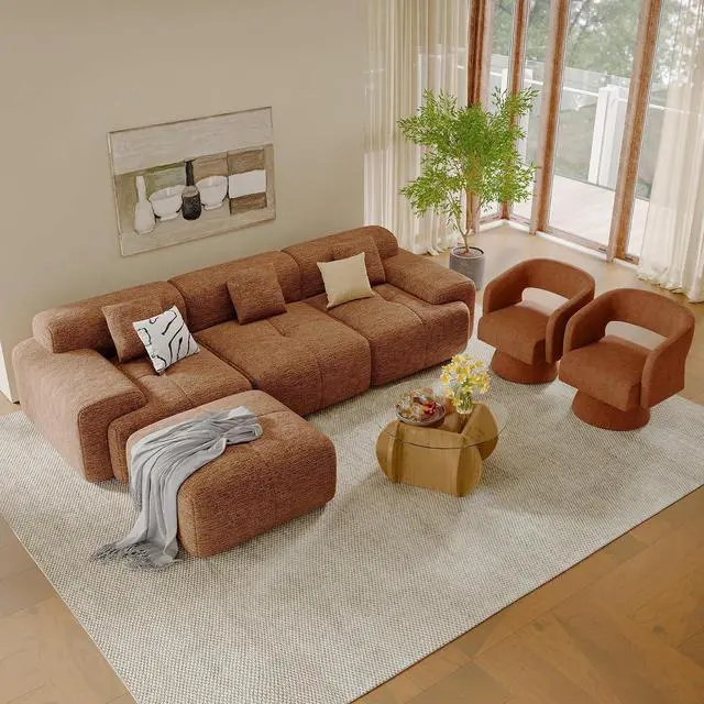Main image of Living Room Furniture Sets, L-Shaped Boneless Cloud Couch with 2 PCS Swivel Accent Chairs & Coffee Table, Modern Modular Sectional Sofa Set, Caramel