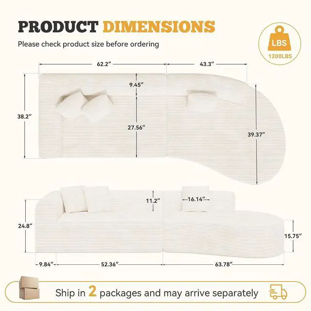 Alt view image 2 of 7 - 126" Modular Sectional Sofa, Modern Cloud Curved Couch with Deep Seat, Upholstered Oversized Couches for Living Room, No Assembly Required, Beige Corduroy Fabric, 1 PCS