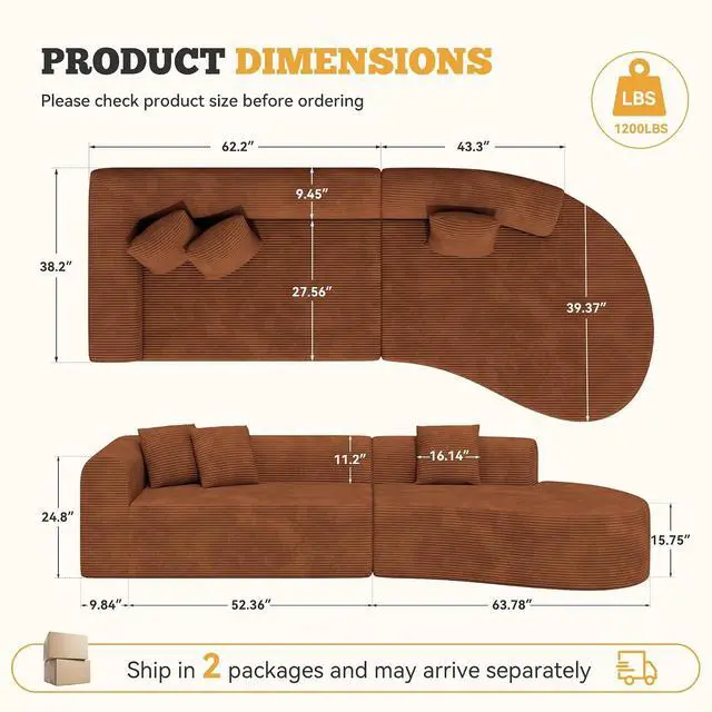 Alt view image 2 of 7 - 126" Curved Modular Sectional Sofa, Modern Boneless Couches for Living Room,No Assembly Required Cloud Couch,Brown Corduroy Fabric,1 PCS