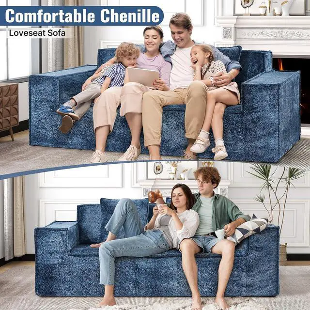 Alt view image 3 of 7 - 77'' Modern Cloud Loveseat Sofa in Chenille, Deep Seat Boneless Couches Includes 2 pcs Pillows for Living Room, Bedroom, Apartment(Blue)