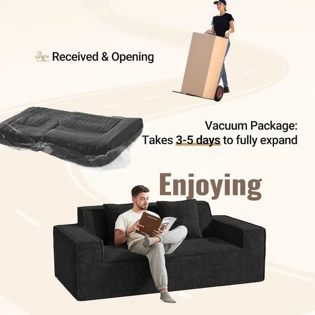 Alt view image 3 of 7 - 77in Modern Small Cloud Loveseat Sofa, No Assembly Required Boneless Love Seat Couches Includes 2 pcs Pillows for Living Room, Bedroom, Apartment-Black