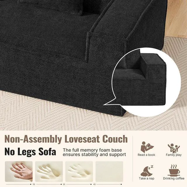 Alt view image 5 of 7 - 77in Modern Small Cloud Loveseat Sofa, No Assembly Required Boneless Love Seat Couches Includes 2 pcs Pillows for Living Room, Bedroom, Apartment-Black