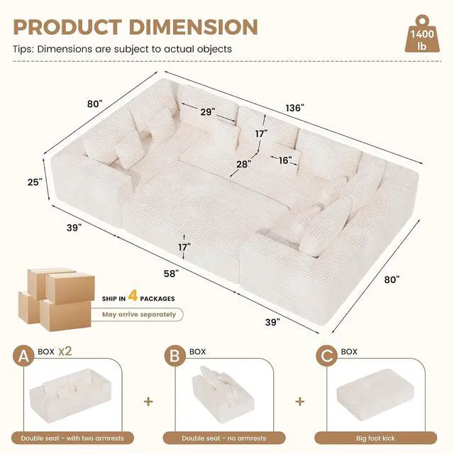 Alt view image 2 of 7 - 136'' Large Sectional Cloud Couches with Chaise, U Shaped Boneless Sofa Bed with Ottoman, No Assembly Required Deep Seat Modular Lounge for Living Room 4PCS Set, Bedroom(Beige)