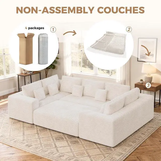 Alt view image 3 of 7 - 136'' Large Sectional Cloud Couches with Chaise, U Shaped Boneless Sofa Bed with Ottoman, No Assembly Required Deep Seat Modular Lounge for Living Room 4PCS Set, Bedroom(Beige)
