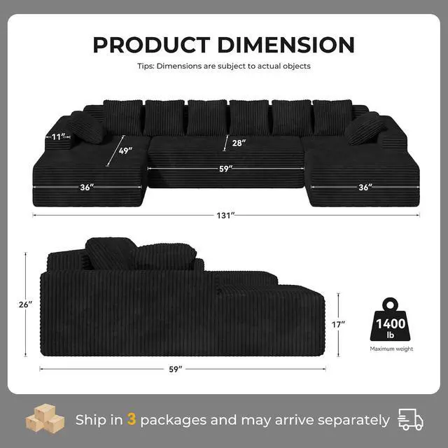 Alt view image 2 of 7 - 131'' Large Sectional Couches with Chaise, U Shaped Cloud Sofa, No Assembly Required Deep Seat Modular Lounge Bed for Living Room 1PCS, Bedroom