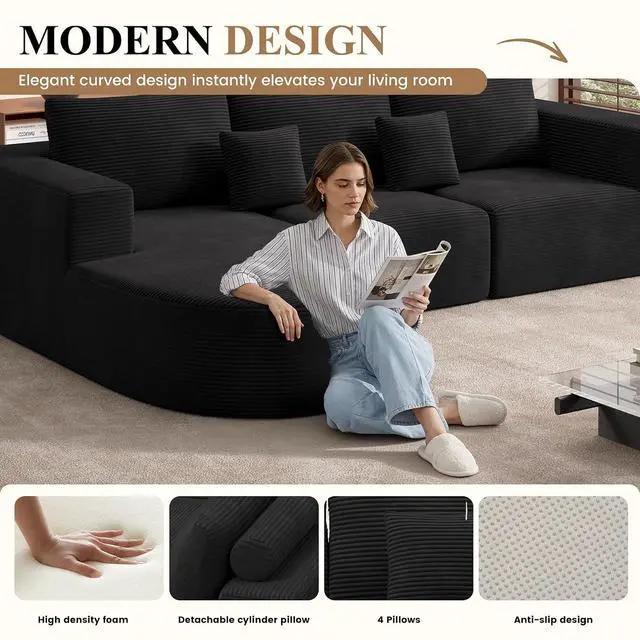 Alt view image 4 of 7 - Modular Sectional Sofa Bed,Convertible Cloud Couches for Living Room,2 Chaise Corduroy Boneless Couch Sleeper Sofa Set,Oversized Chaise Lounge Chair for Bedroom,No Assembly Required,Black 1PCS
