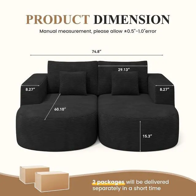 Alt view image 2 of 7 - Modular Sectional Sofa Bed,Convertible Cloud Couches for Living Room,2 Chaise Corduroy Boneless Couch Sleeper Sofa Set,Oversized Chaise Lounge Chair for Bedroom,No Assembly Required,Black 1PCS