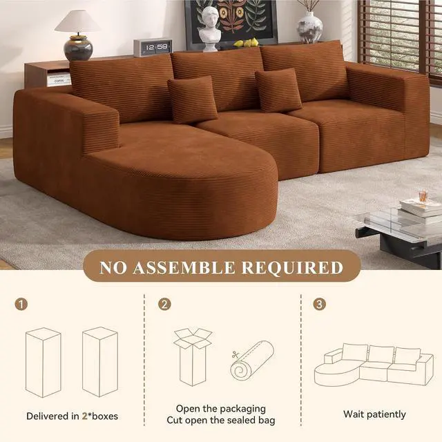 Alt view image 4 of 7 - L-Shaped Boneless Couch,104" Couches for Living Room with Curved Chaise,Modular Sectional Sofa with Deep Seat,Modern Cozy Cloud Compression Sofas,No Assembly Required(Brown) 1PCS