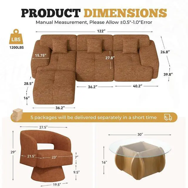 Alt view image 2 of 7 - Living Room Furniture Sets, L-Shaped Boneless Cloud Couch with 2 PCS Swivel Accent Chairs & Coffee Table, Modern Modular Sectional Sofa Set, Caramel