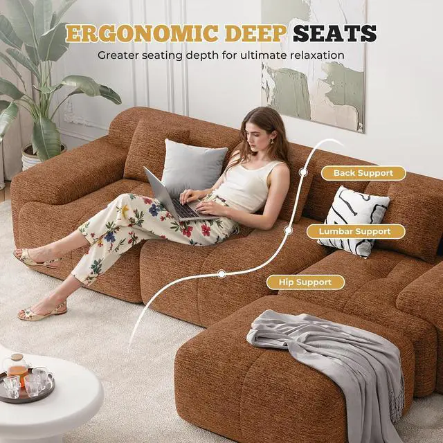 Alt view image 3 of 7 - Living Room Furniture Sets, L-Shaped Boneless Cloud Couch with 2 PCS Swivel Accent Chairs & Coffee Table, Modern Modular Sectional Sofa Set, Caramel