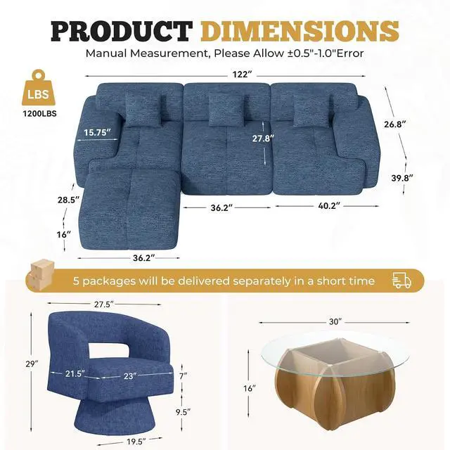 Alt view image 2 of 7 - Living Room Furniture Sets, L-Shaped Boneless Cloud Couch with 2 PCS Swivel Accent Chairs & Coffee Table, Modern Modular Sectional Sofa Set, Blue