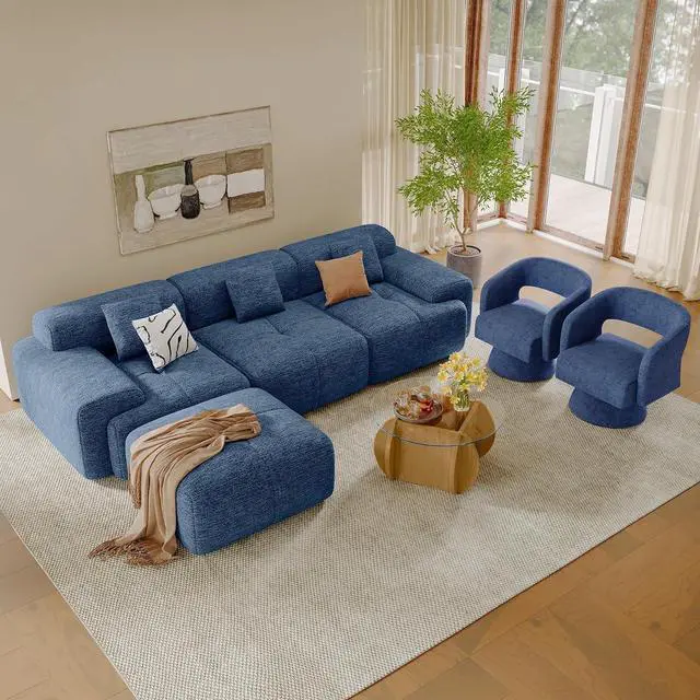 Main image of Living Room Furniture Sets, L-Shaped Boneless Cloud Couch with 2 PCS Swivel Accent Chairs & Coffee Table, Modern Modular Sectional Sofa Set, Blue