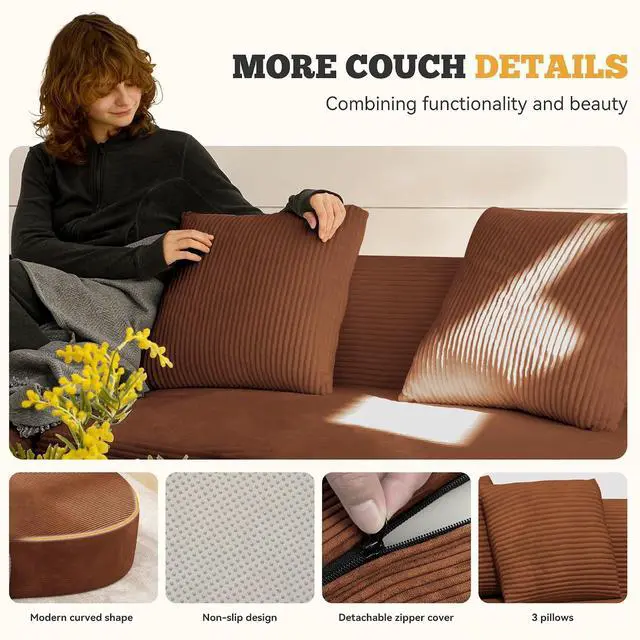Alt view image 5 of 7 - 126" Curved Modular Sectional Sofa, Modern Boneless Couches for Living Room,No Assembly Required Cloud Couch,Brown Corduroy Fabric,1 PCS